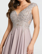 Light Purple Cap Sleeve Applique Bodice Flowy Gown